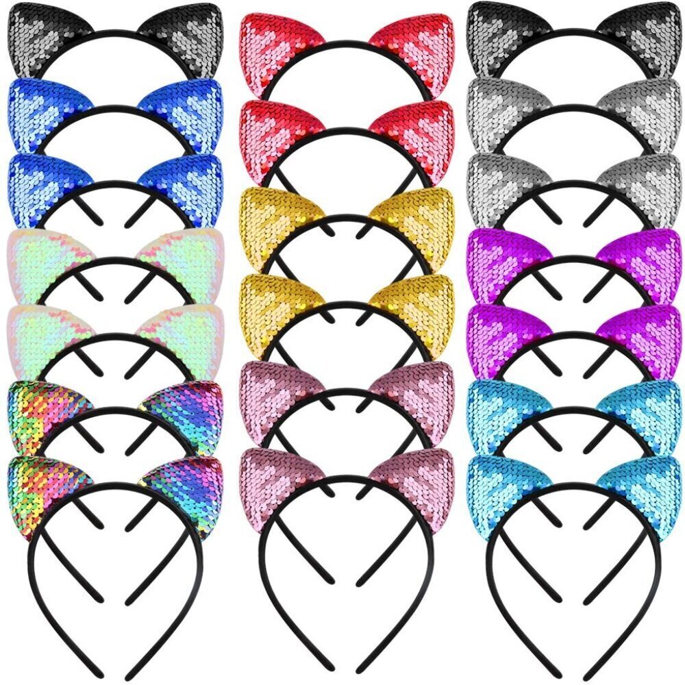Reversible Sequin Cat Ear Headbands 20 Pack Colorful Womens Fashion Party